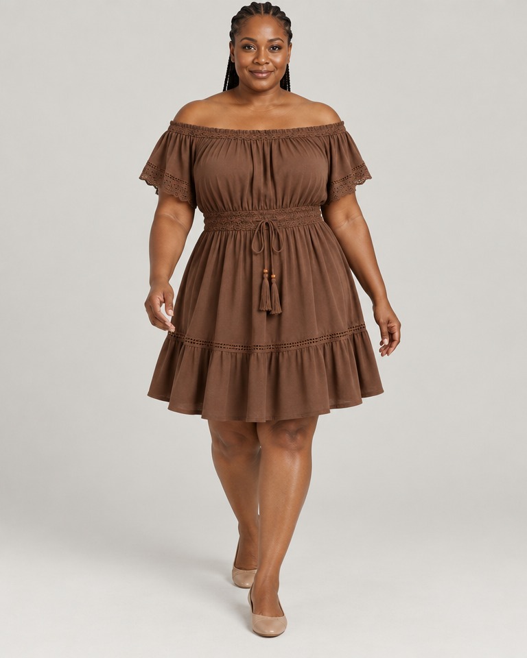 Off-shoulder A-line mini dress · brown