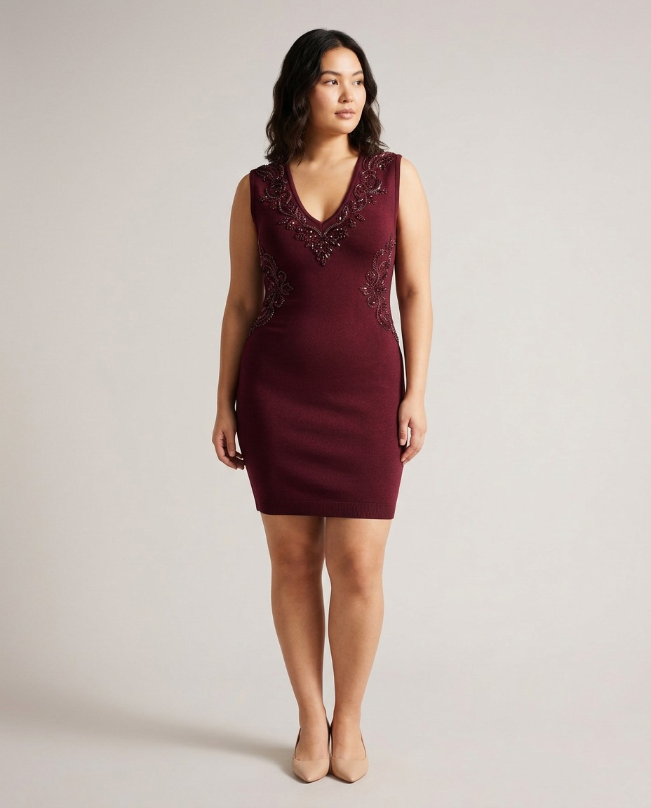 Bodycon pletena mini haljina s V-izrezom · Bordo