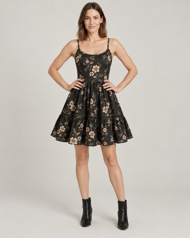 Floral linen mini dress with straps · black