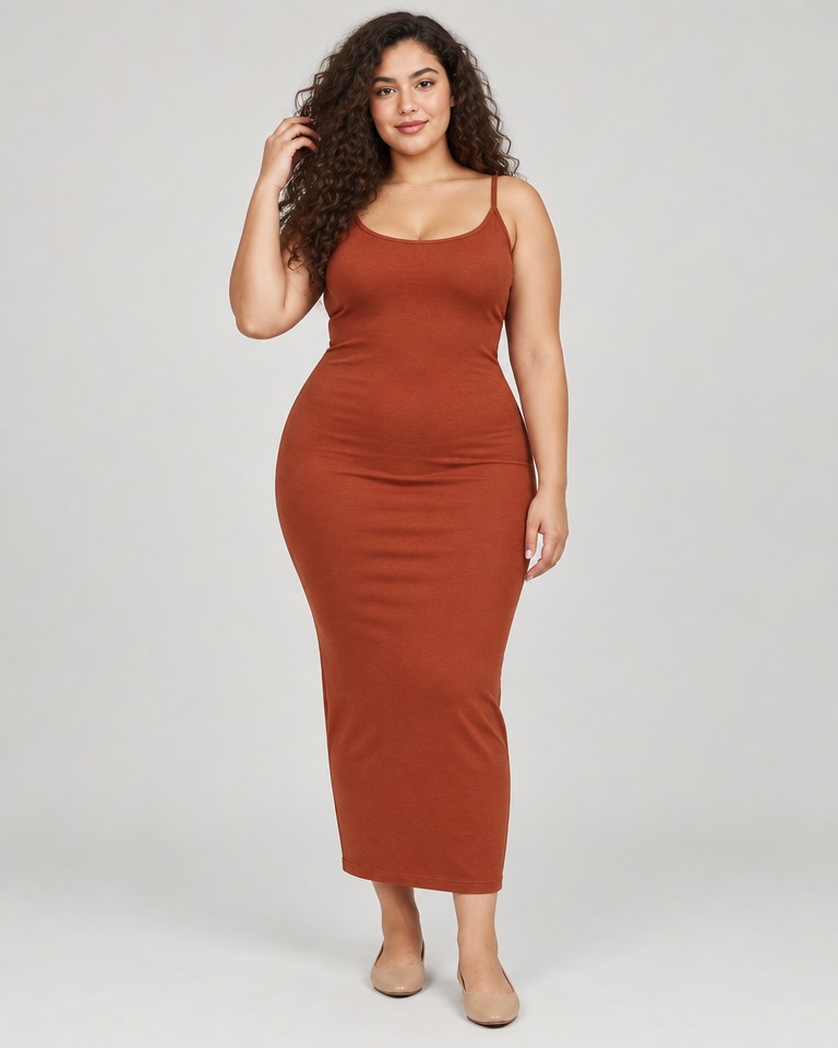 Bodycon midi haljina s dubokim izrezom · Hrđasta