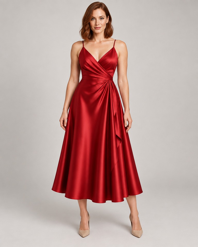 Satin A-line midi dress · red