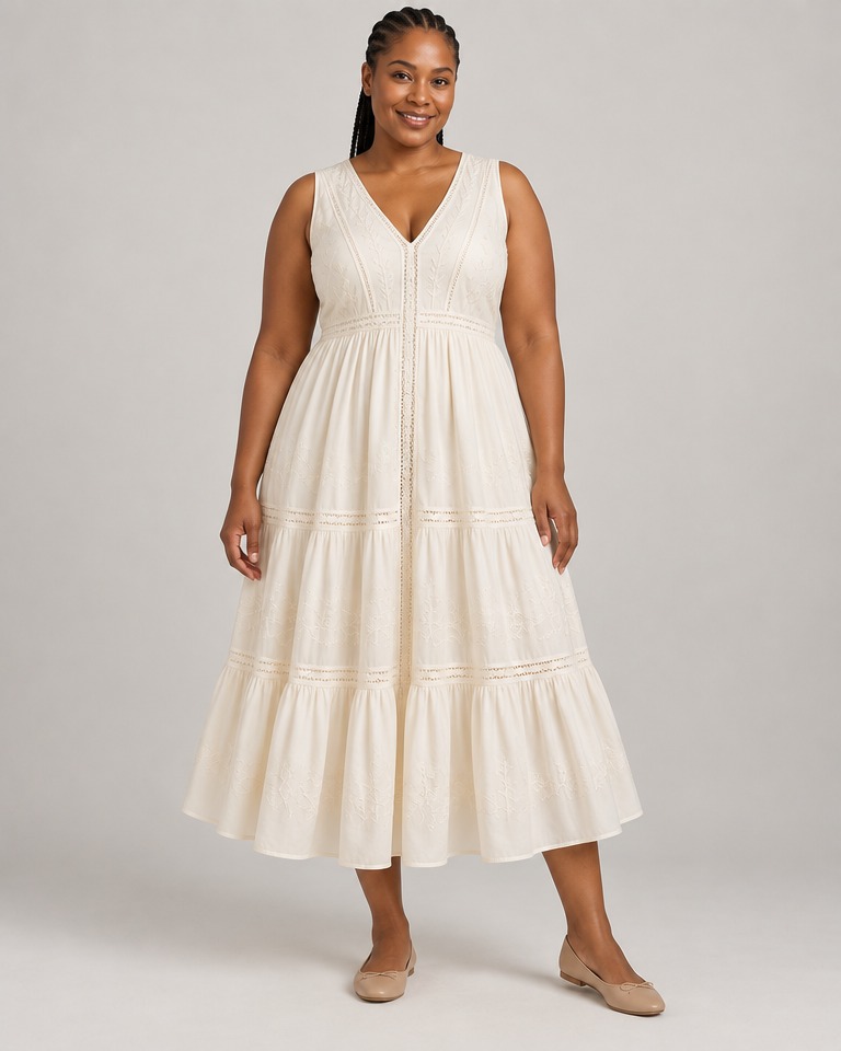 Sleeveless silk-blend A-line midi dress · ecru