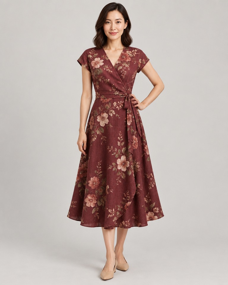Floral linen wrap midi dress · burgundy