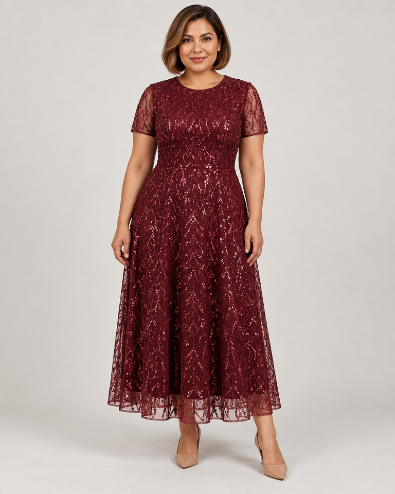 Sequinned mesh A-line midi dress · burgundy