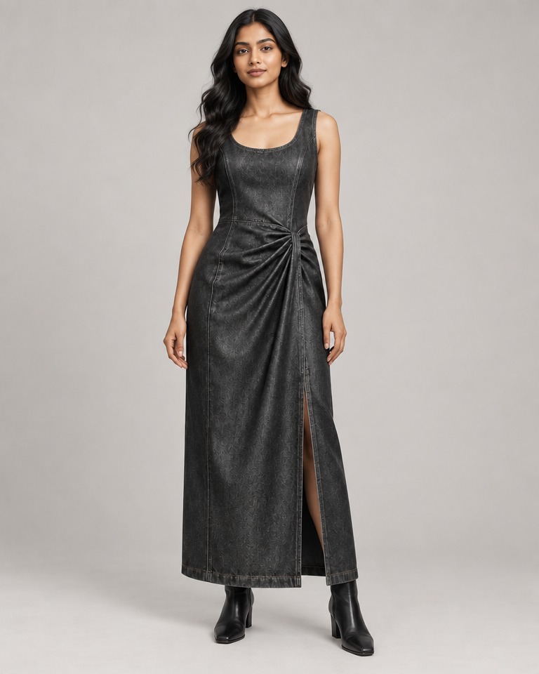 Sleeveless denim shift midi dress · charcoal