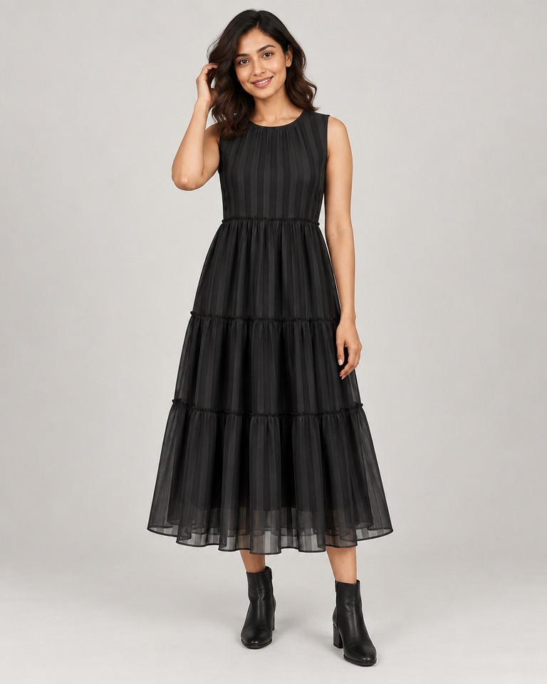 Tiered striped chiffon midi dress · black