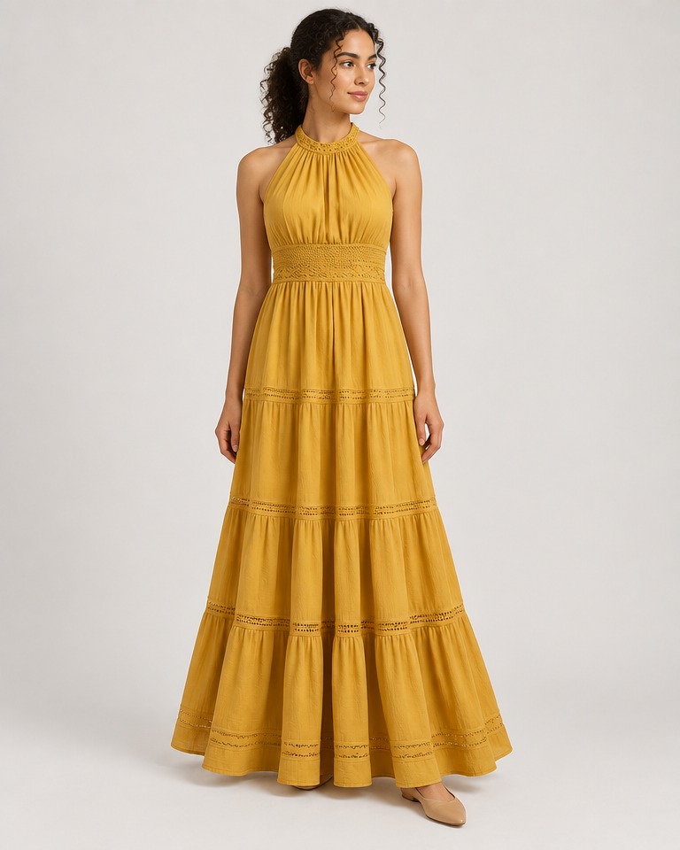 Halter maxi dress in cotton · mustard