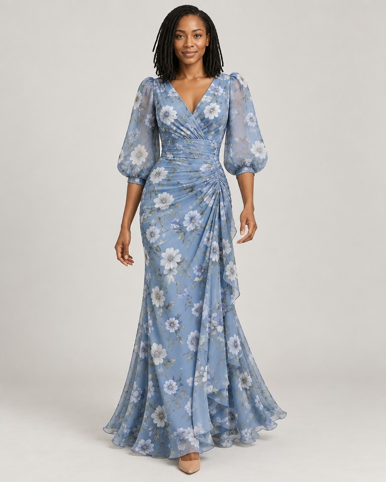 Floral chiffon maxi dress, puff sleeves · blue