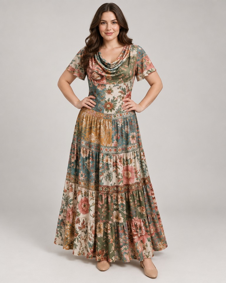 Floral tiered maxi dress with cowl neck · multicolour