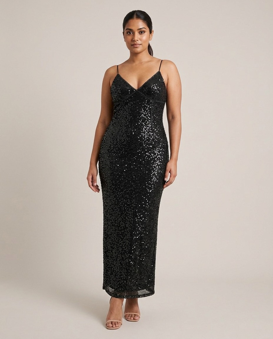Sequinned mesh bodycon evening dress · black