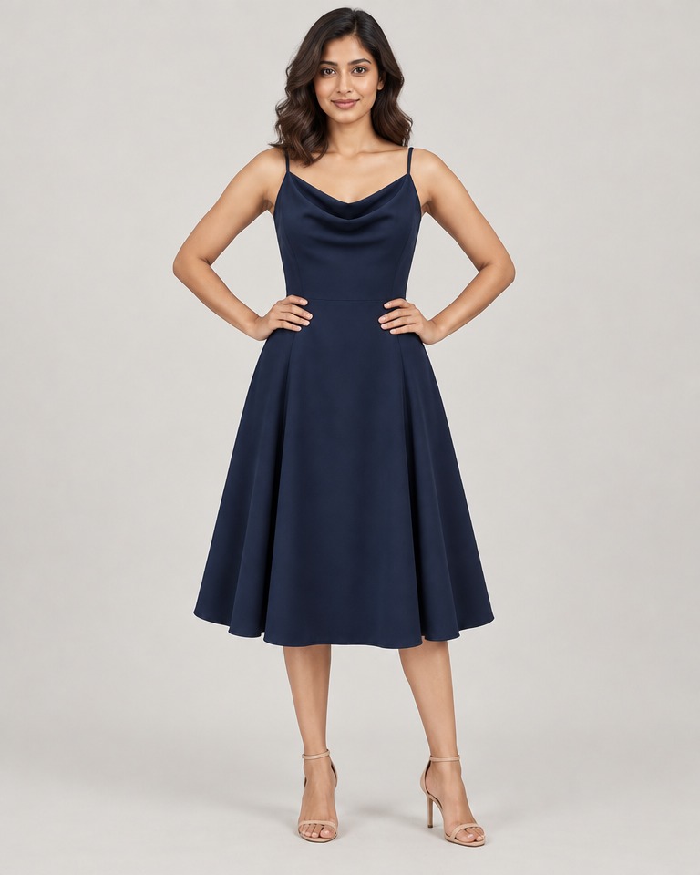Cowl-neck fit-and-flare evening dress · navy