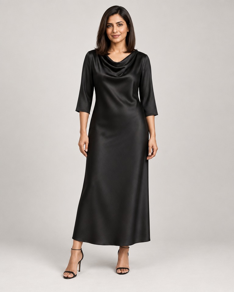 Silk-blend shift dress with cowl neck · black