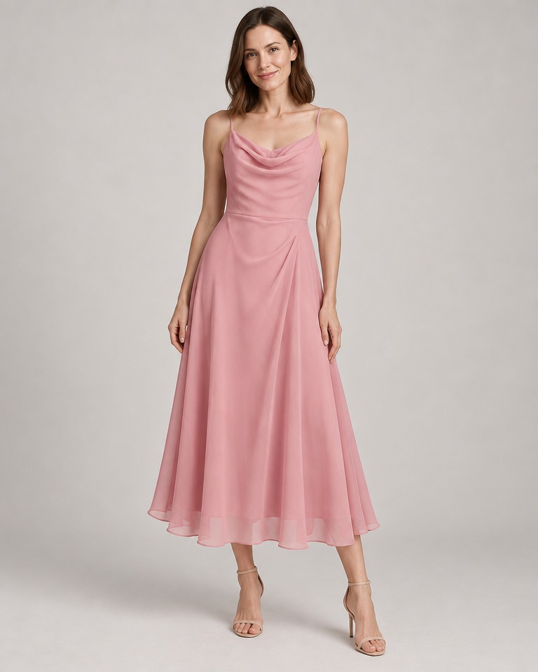 Cowl-neck chiffon midi evening dress · pink