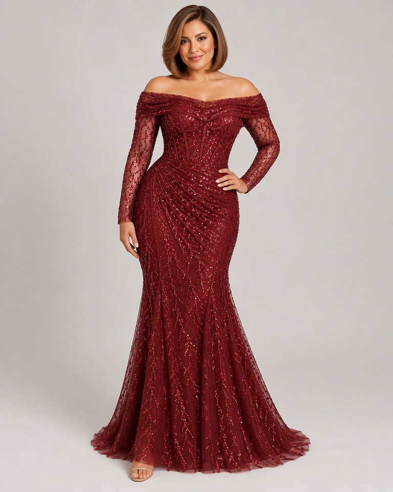 Off-shoulder sequinned mesh evening gown · burgundy