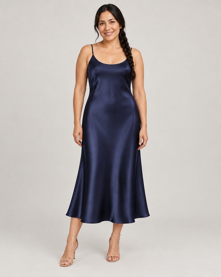 Satin slip dress with scoop neck · navy