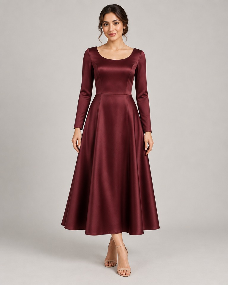 Satin A-line midi dress with long sleeves · burgundy
