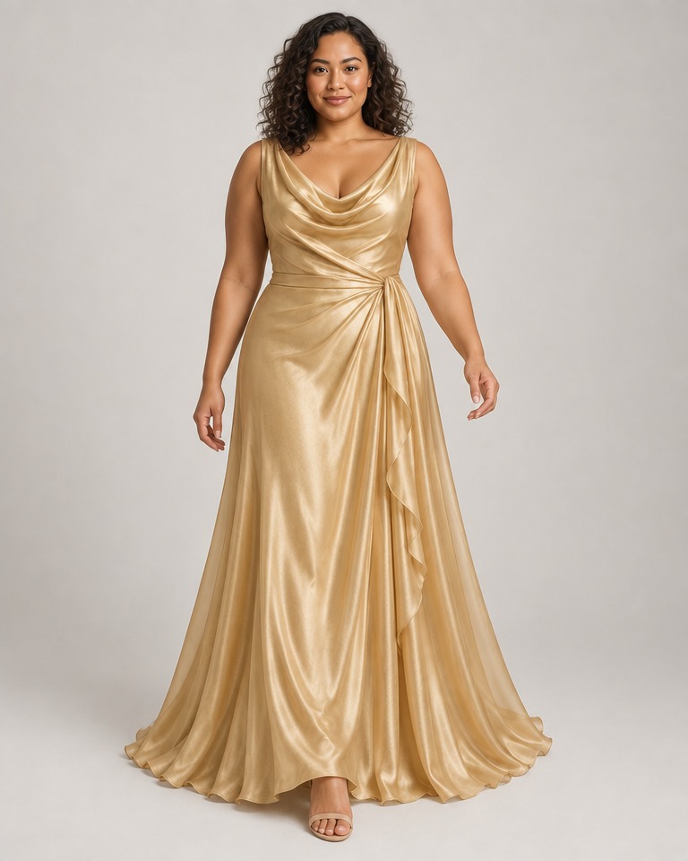 Cowl-neck chiffon evening maxi dress · gold