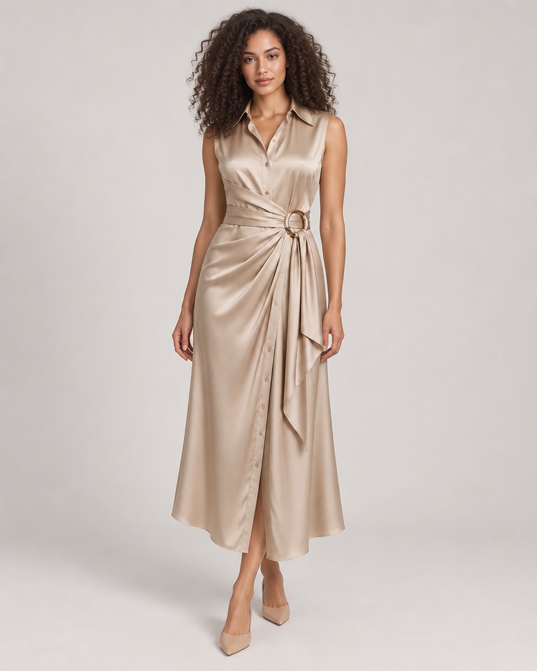 Vestido camisero midi sin mangas · Beige