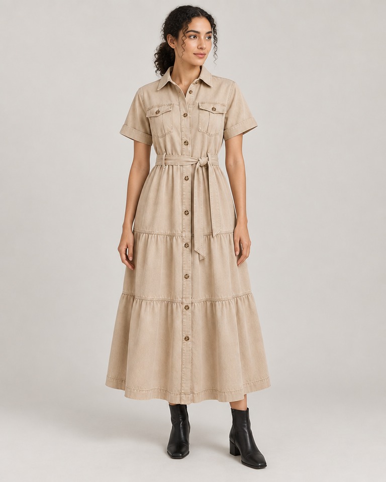 Vestido camisero midi de denim · Beige