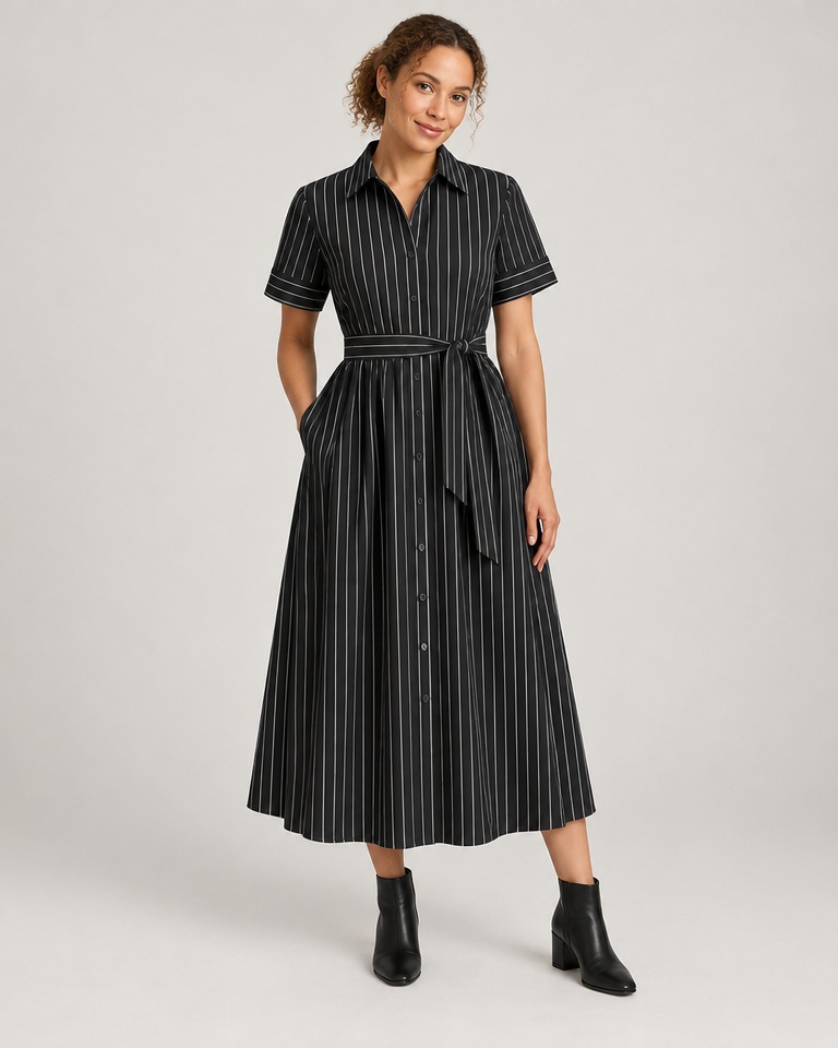 Vestido camisero midi de rayas · Negro