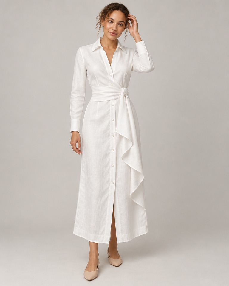 Vestido camisero midi de lino · Blanco