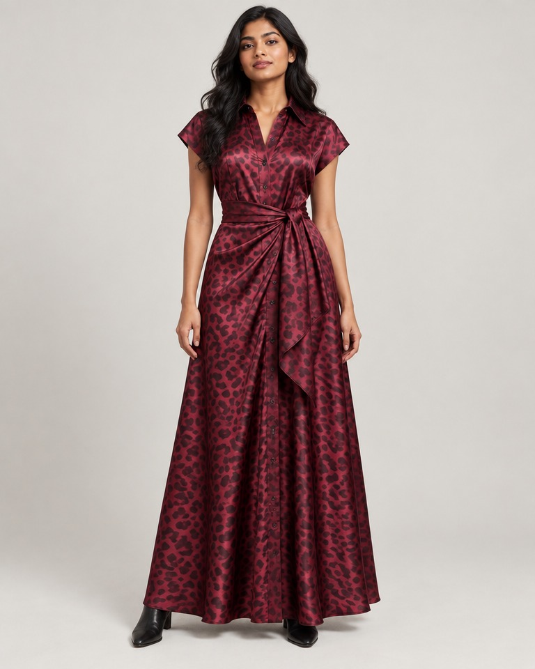 Animal-print maxi shirt dress · burgundy