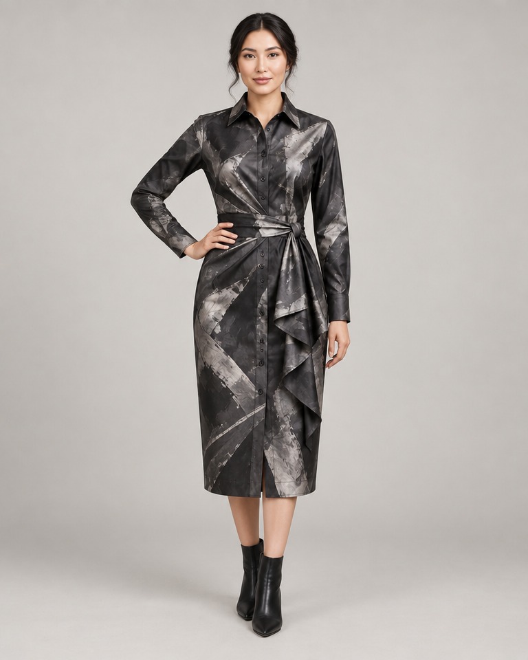 Abstract print cotton shirt dress · charcoal