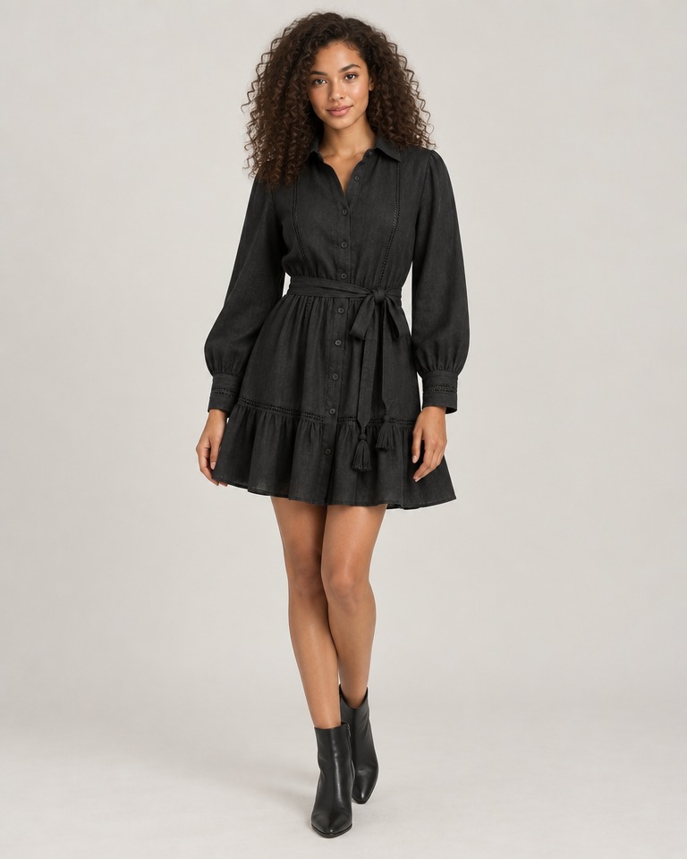 Vestido camisero mini de lino · Negro