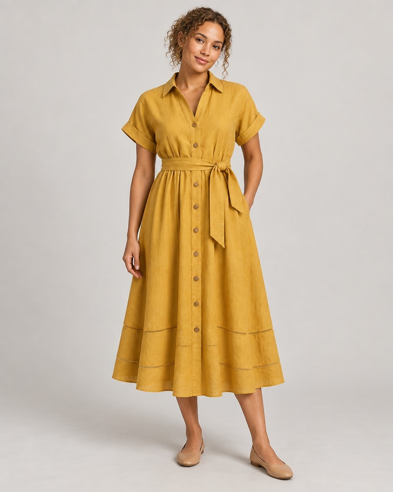 Short-sleeve midi shirt dress · mustard