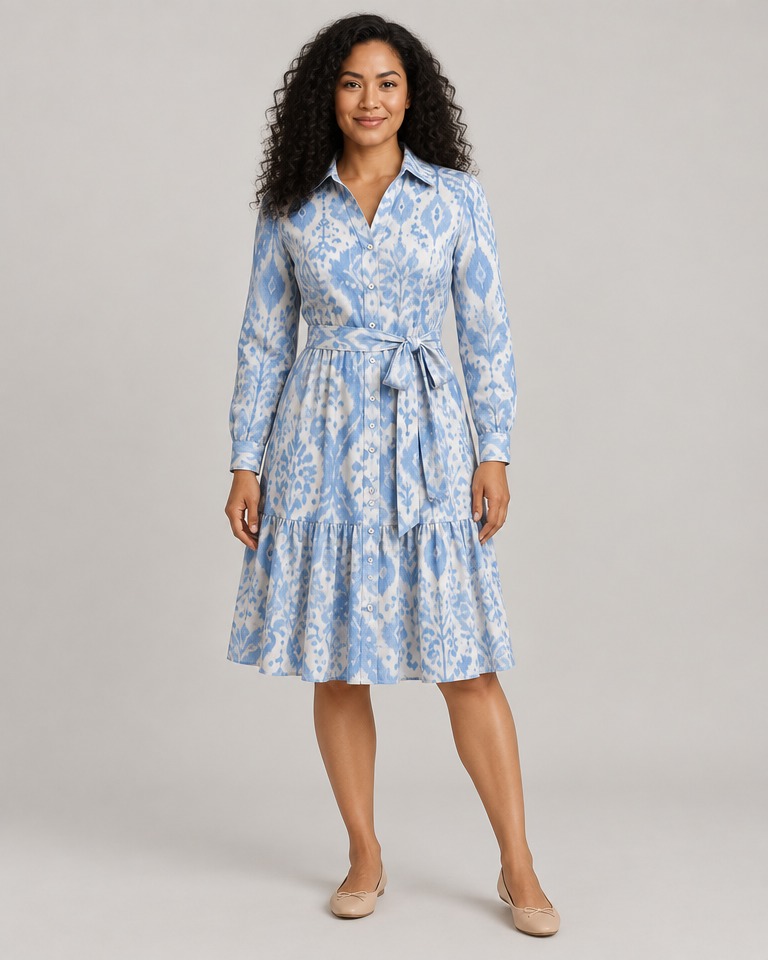 Abstract-print cotton shirt dress · light blue