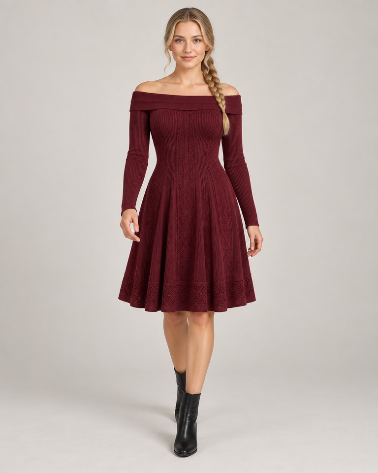 Off-shoulder knitted dress · burgundy