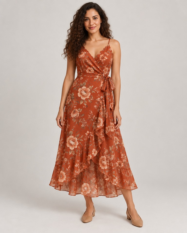 Floral chiffon wrap midi dress · rust
