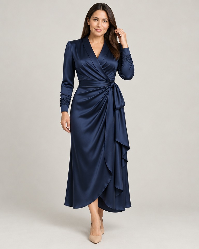 Long-sleeve silk-blend wrap midi dress · navy