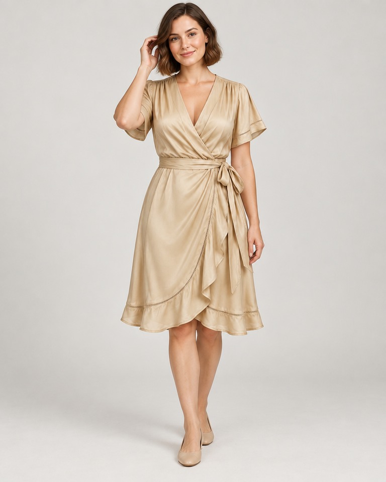 Short-sleeve silk-blend wrap dress · beige