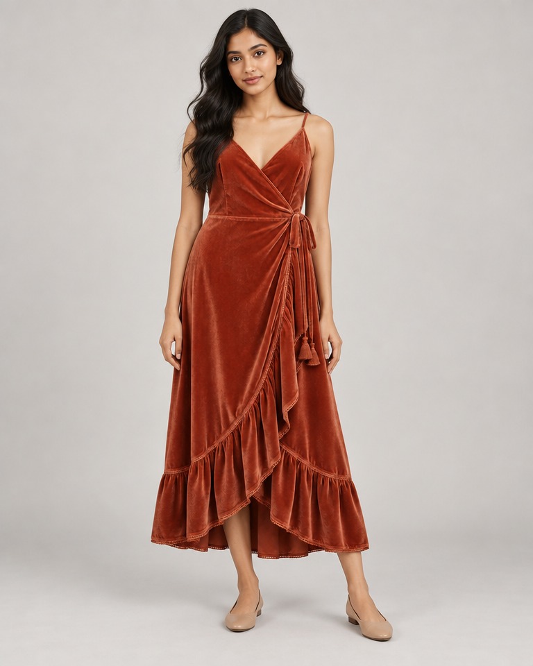 Velvet wrap midi dress with thin straps · terracotta