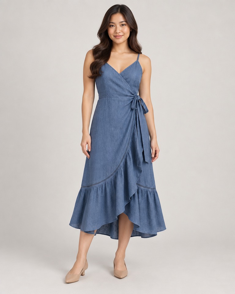 Linen wrap midi dress · blue