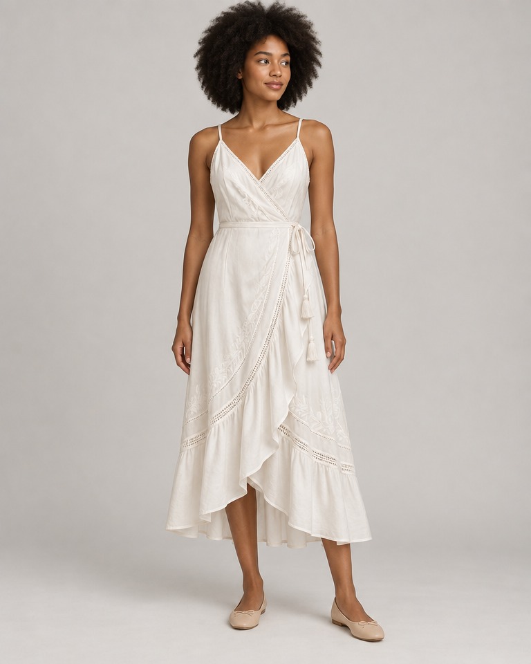 Silk-blend wrap midi dress with straps · white