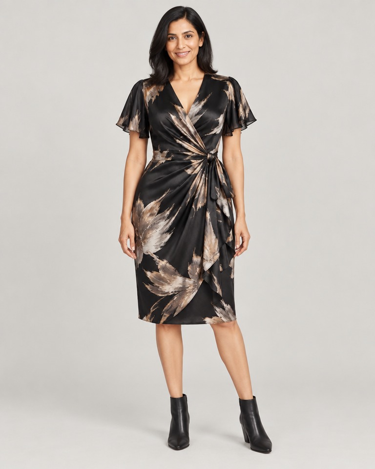 Abstract print wrap dress with short sleeves · black