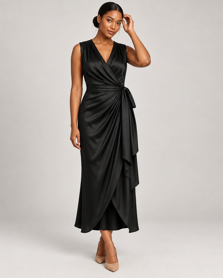 Sleeveless viscose wrap midi dress · black