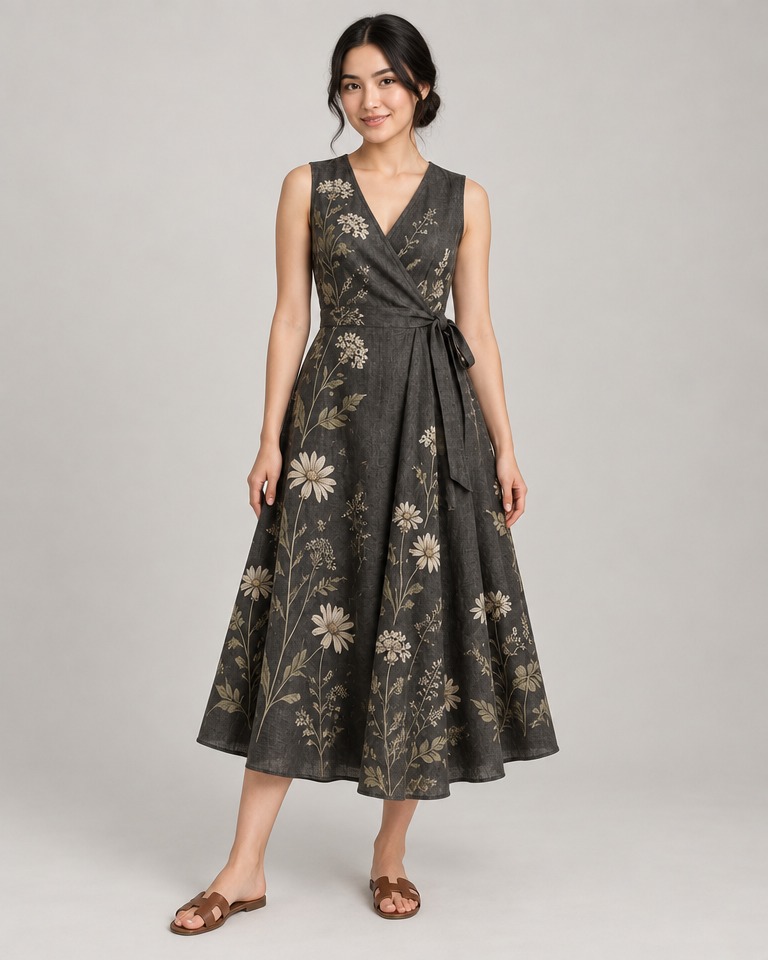 Floral linen wrap midi dress · charcoal