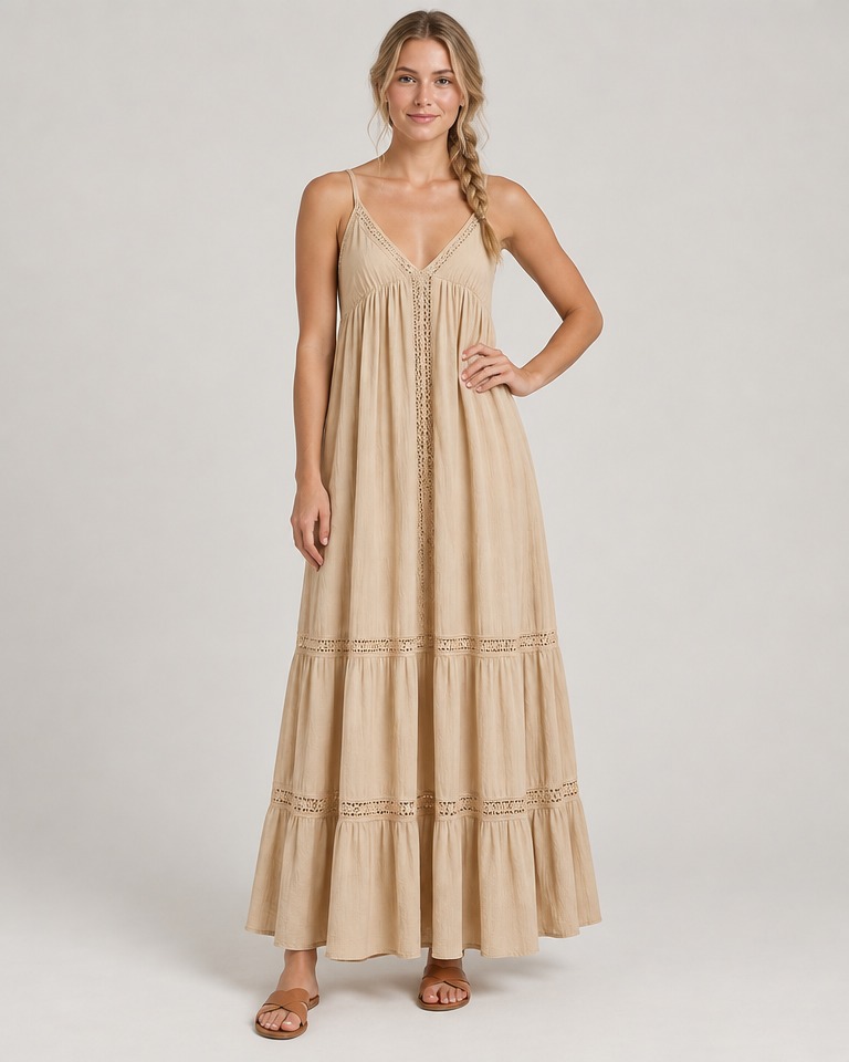 Strappy viscose maxi dress · beige