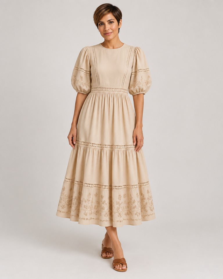 Puff-sleeve viscose midi dress · beige
