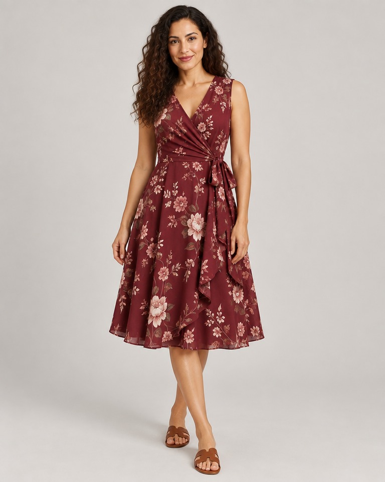 Sleeveless floral wrap summer dress · burgundy