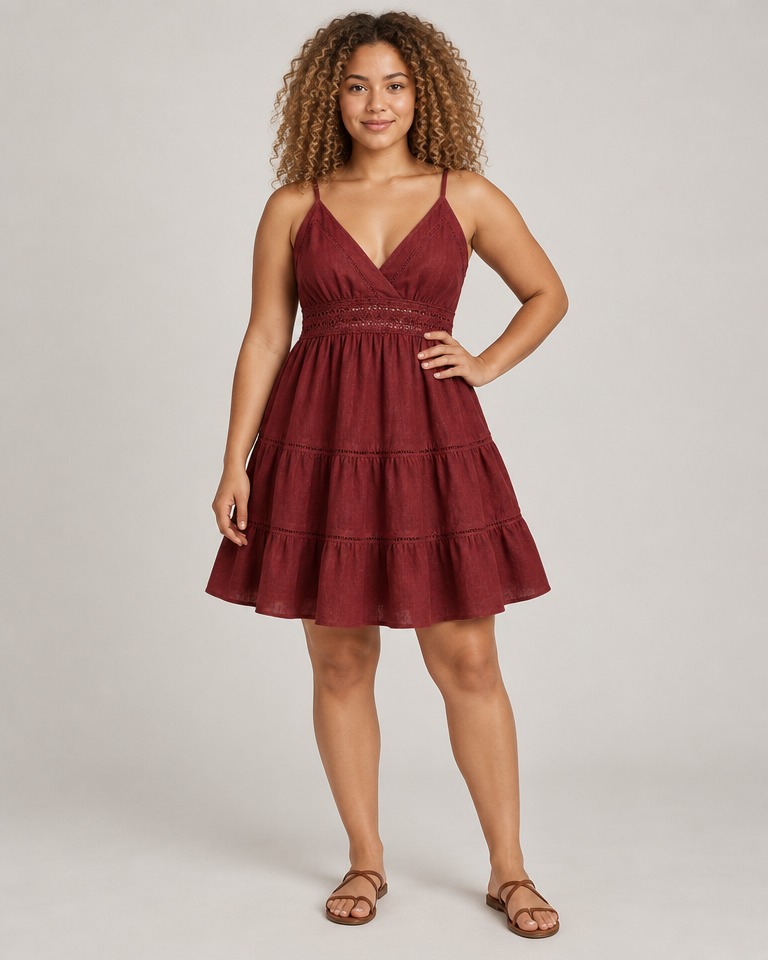 Strappy linen mini dress with V-neck · burgundy