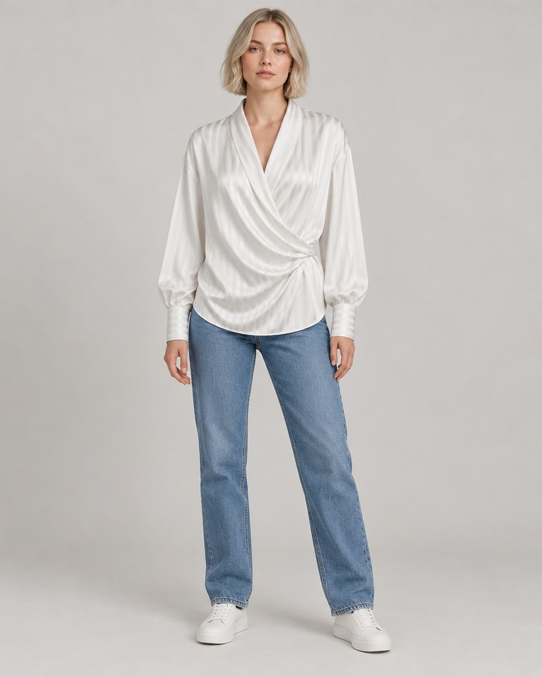 Oversize prugasta preklopna bluza od satena · Bijela