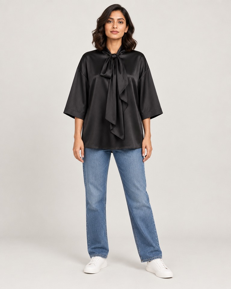 Oversize bluza od mješavine svile s ovratnikom s mašnom · Crna