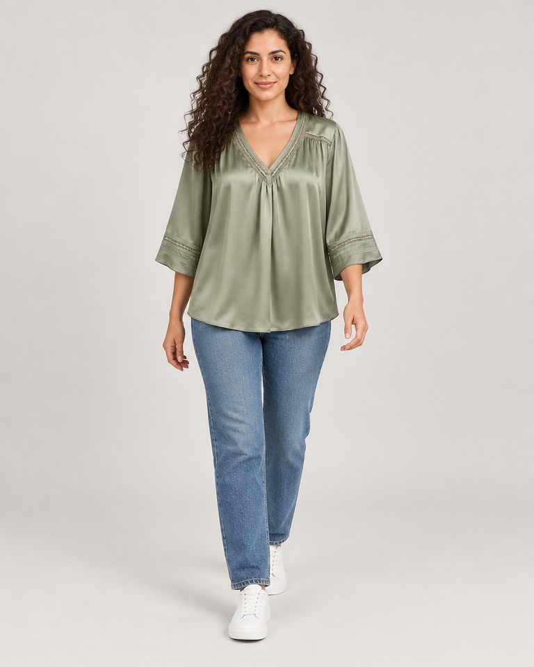 Satin V-neck blouse · sage