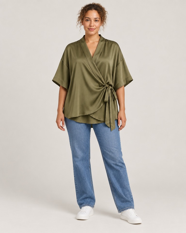 Oversized satin wrap blouse · olive