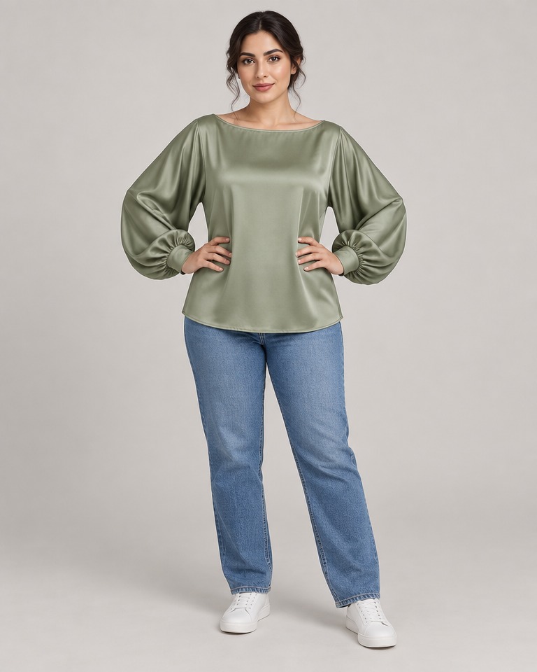 Bluza od viskoze s balon rukavima · Kadulja