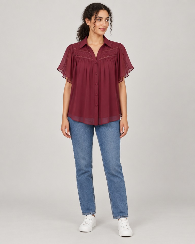 Short-sleeve chiffon collared blouse · burgundy